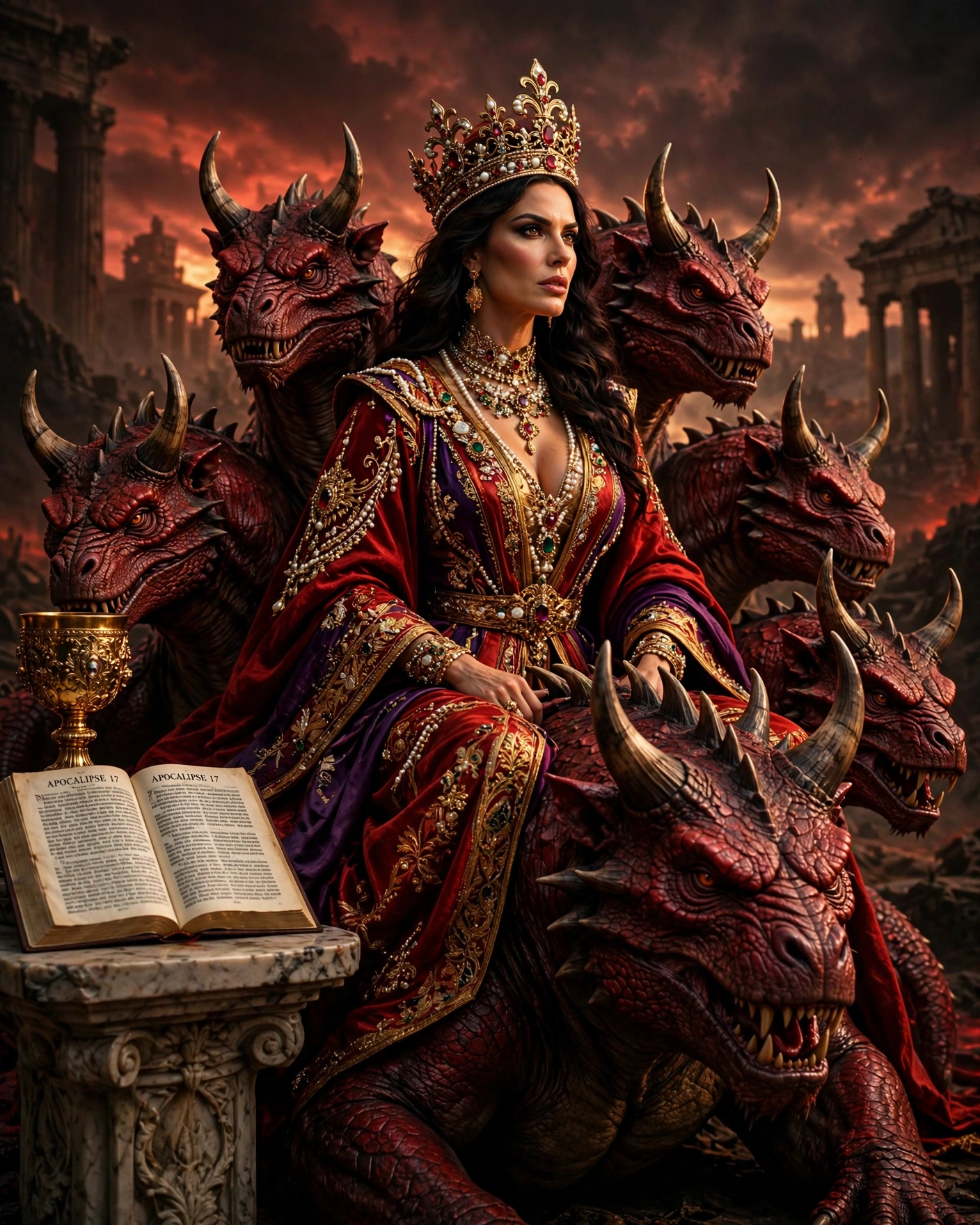 Alegoria apocalíptica de mulher coroada vestida de púrpura e escarlate entre cabeças de besta vermelha e livro de Apocalipse