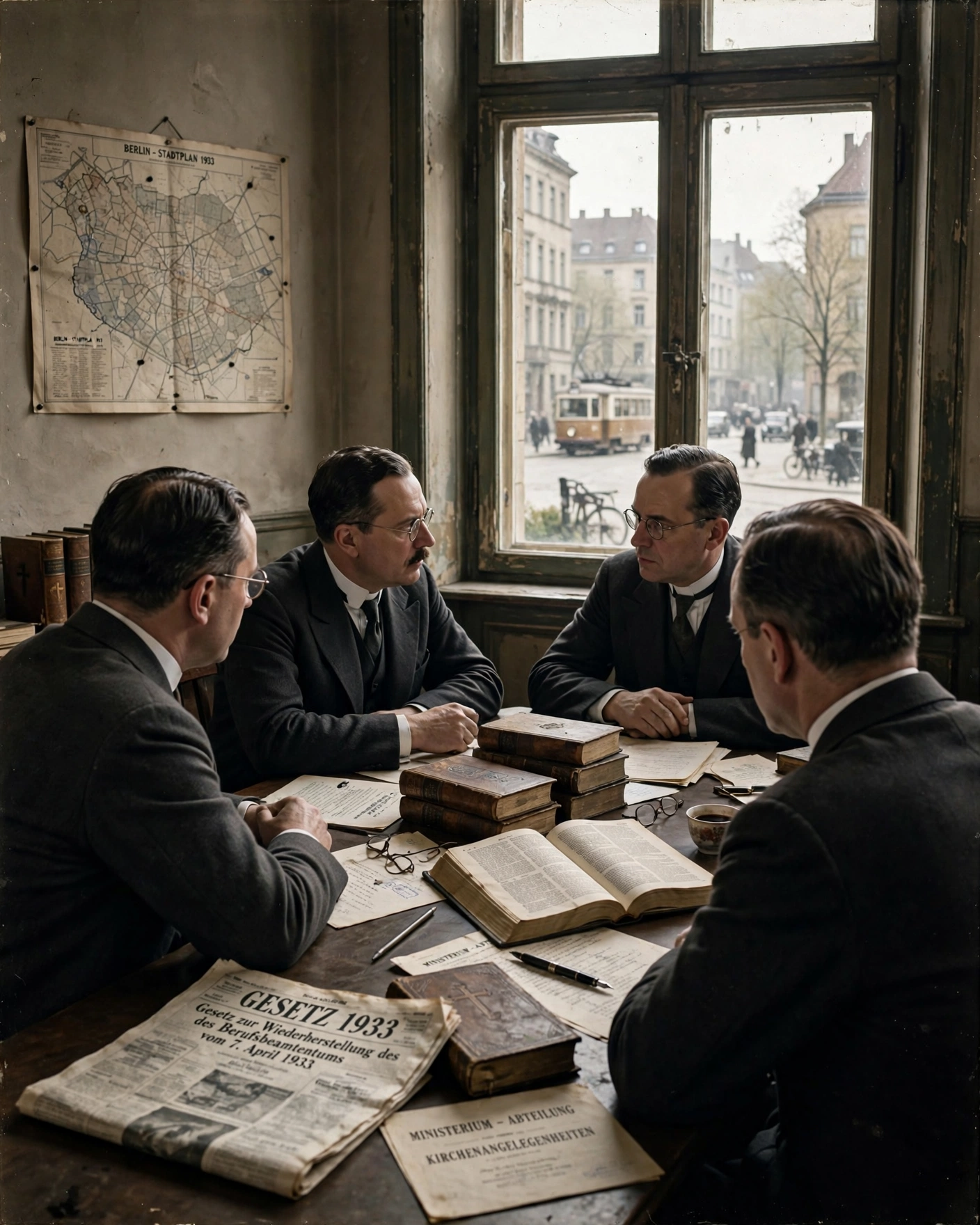 Reconstituição artística de quatro administradores reunidos numa sala de Berlim em 1933